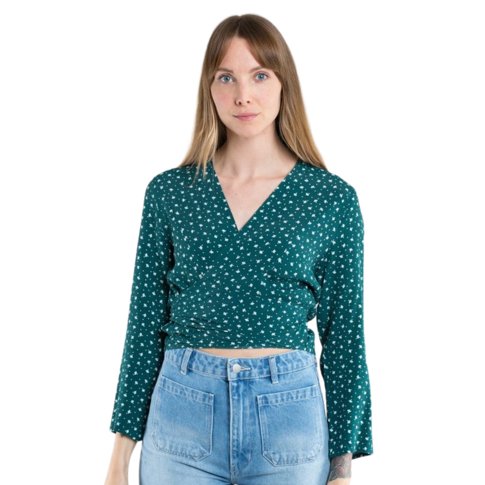 ROLLA'S Delilah Dandelion Wrap Tie Blouse in Ivy Green Floral Women's Small